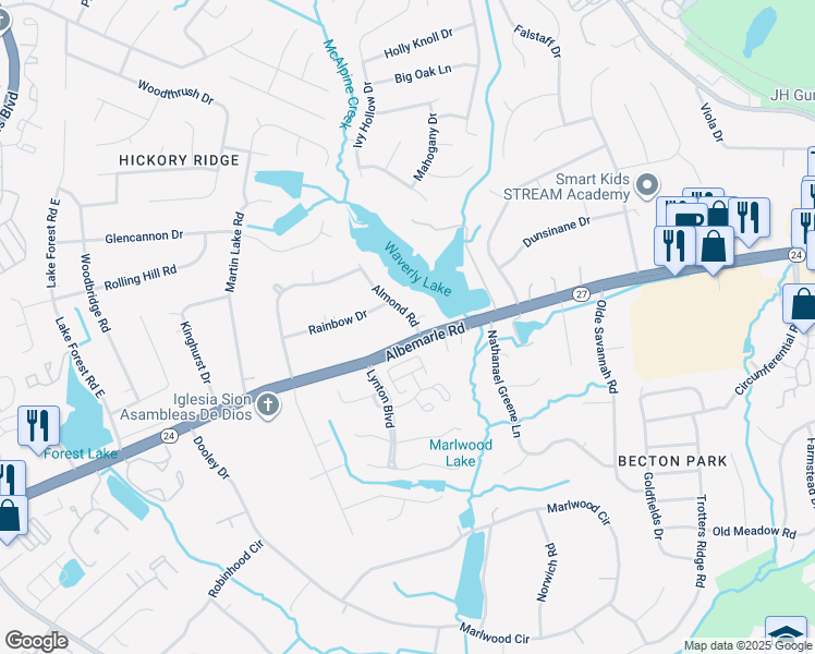map of restaurants, bars, coffee shops, grocery stores, and more near 5821 Almond Road in Charlotte