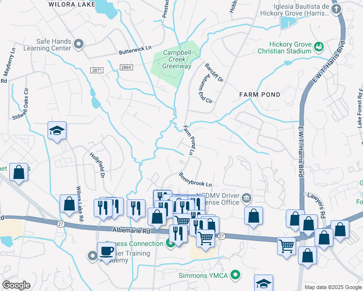 map of restaurants, bars, coffee shops, grocery stores, and more near 6112 Bent Tree Court in Charlotte