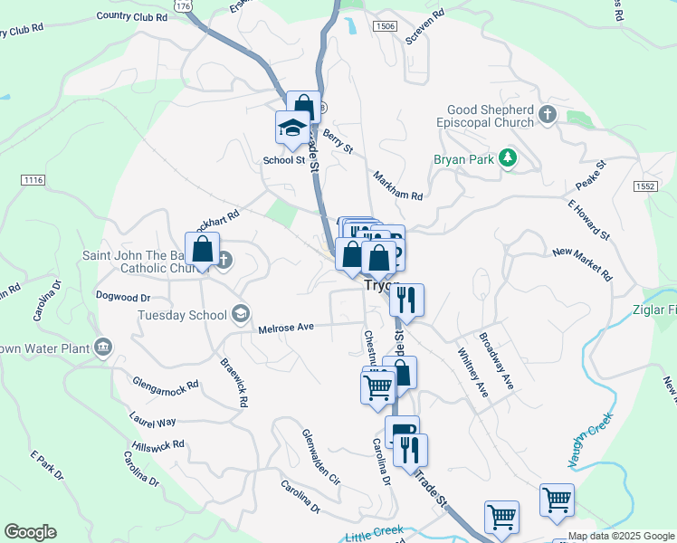 map of restaurants, bars, coffee shops, grocery stores, and more near 133 North Trade Street in Tryon