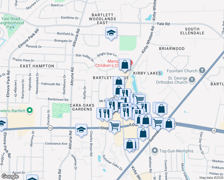 map of restaurants, bars, coffee shops, grocery stores, and more near 3076 Orion Cove in Bartlett