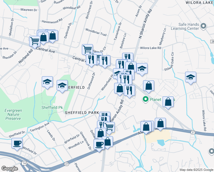 map of restaurants, bars, coffee shops, grocery stores, and more near 3900 Winterfield Place in Charlotte