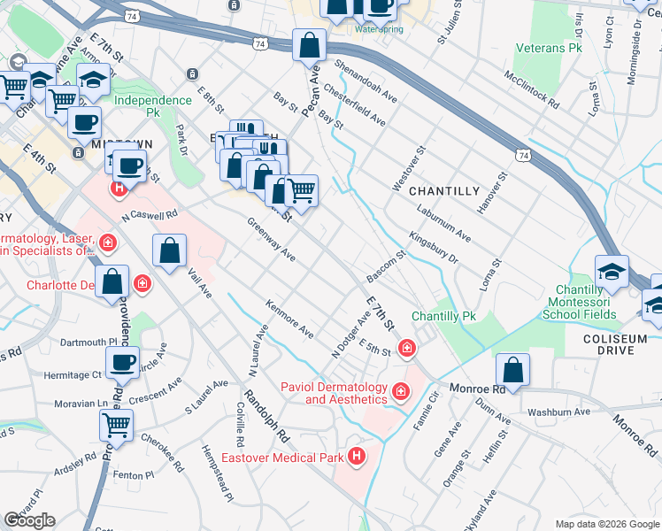 map of restaurants, bars, coffee shops, grocery stores, and more near 2312 East 7th Street in Charlotte