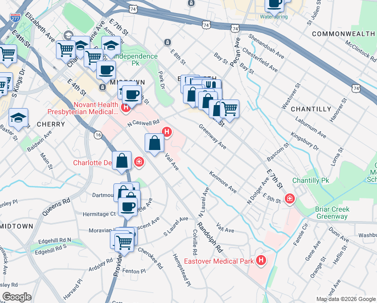 map of restaurants, bars, coffee shops, grocery stores, and more near 2124 East 5th Street in Charlotte