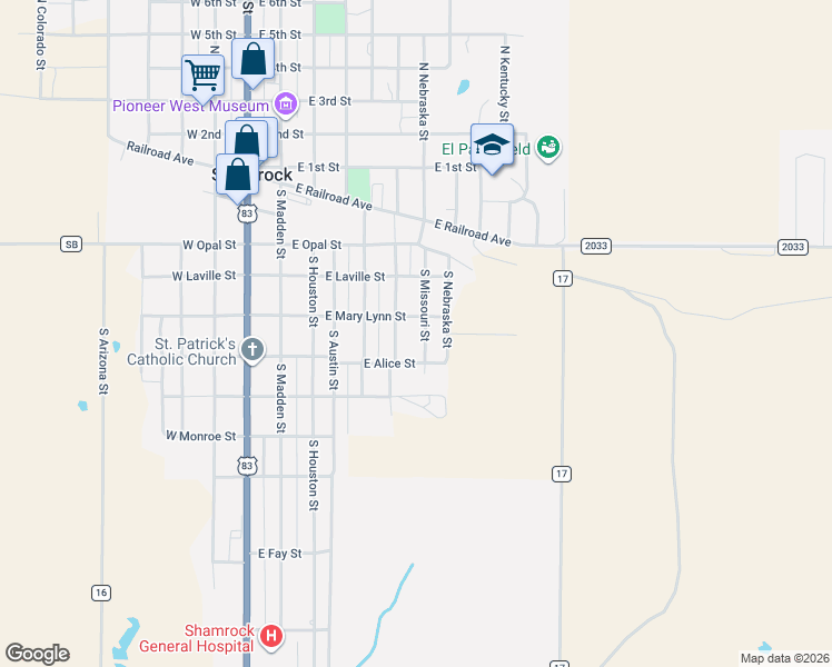 map of restaurants, bars, coffee shops, grocery stores, and more near 700-798 East Mary Lynn Street in Shamrock