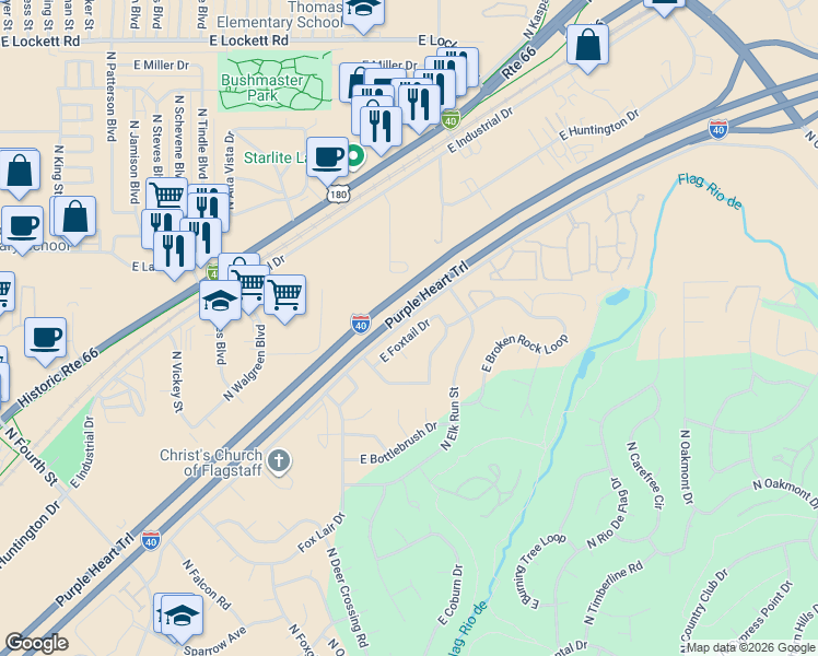 map of restaurants, bars, coffee shops, grocery stores, and more near 3840 East Foxtail Drive in Flagstaff