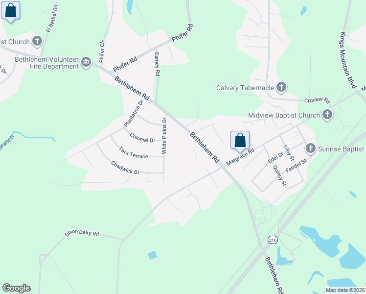 map of restaurants, bars, coffee shops, grocery stores, and more near 109 White Plains Drive in Kings Mountain