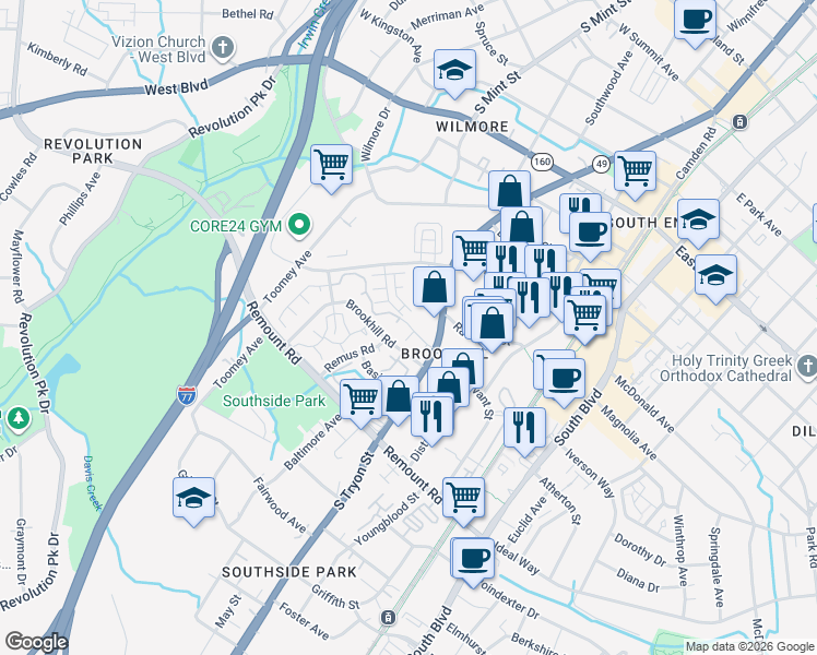 map of restaurants, bars, coffee shops, grocery stores, and more near 456 Brookhill Road in Charlotte