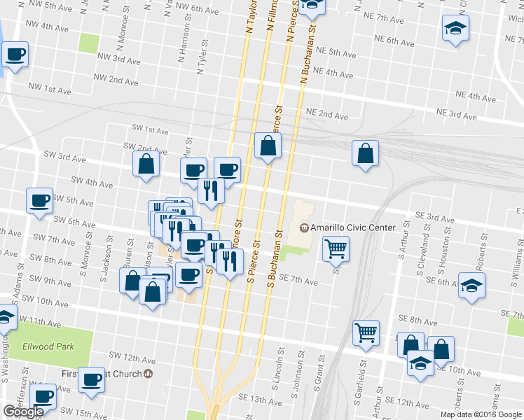 map of restaurants, bars, coffee shops, grocery stores, and more near 401 South Pierce Street in Amarillo