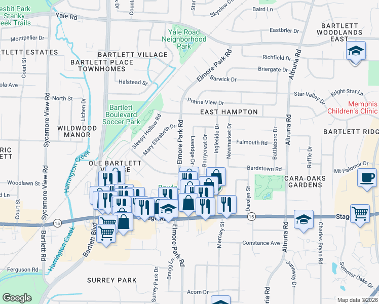 map of restaurants, bars, coffee shops, grocery stores, and more near 3069 Leeridge Drive in Bartlett
