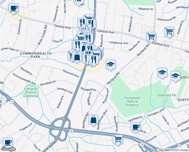 map of restaurants, bars, coffee shops, grocery stores, and more near in Charlotte