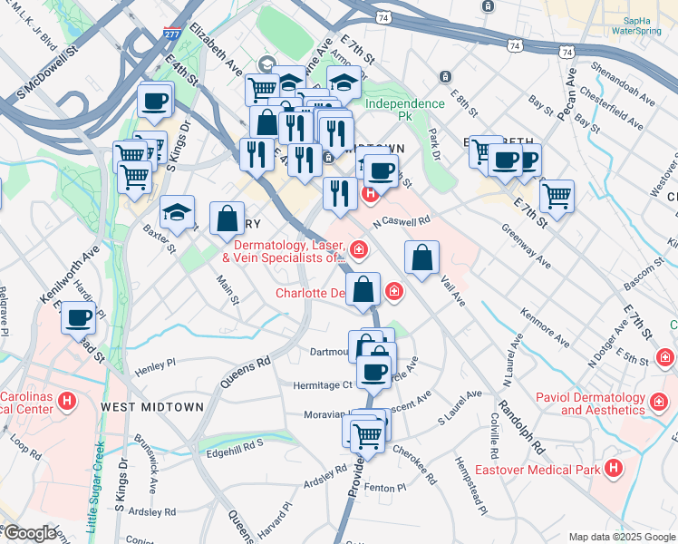 map of restaurants, bars, coffee shops, grocery stores, and more near 108 South Caswell Road in Charlotte