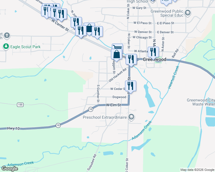 map of restaurants, bars, coffee shops, grocery stores, and more near 355 Old Hackett Road in Greenwood