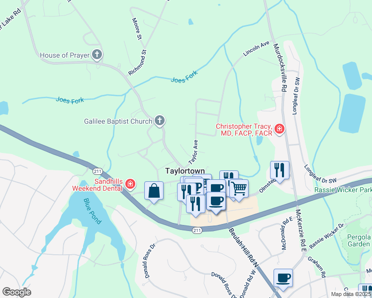 map of restaurants, bars, coffee shops, grocery stores, and more near 136 Highland Drive in Taylortown