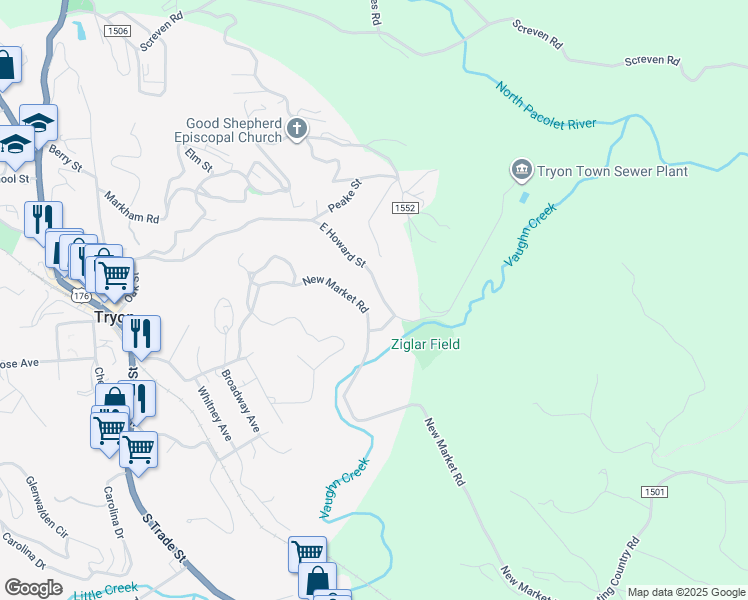 map of restaurants, bars, coffee shops, grocery stores, and more near 940 East Howard Street in Tryon