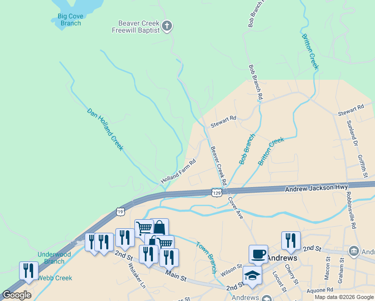 map of restaurants, bars, coffee shops, grocery stores, and more near 114 Holland Farm Road in Andrews
