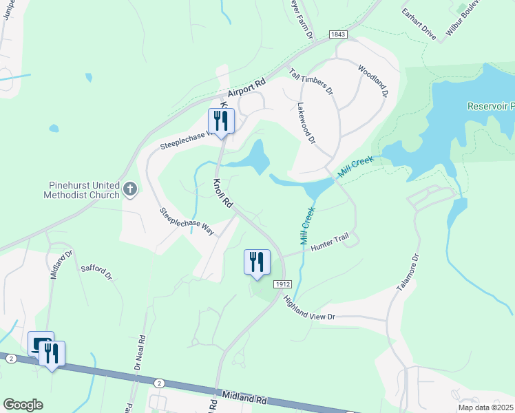 map of restaurants, bars, coffee shops, grocery stores, and more near 253 Knoll Road in Southern Pines