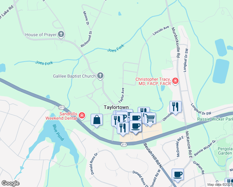 map of restaurants, bars, coffee shops, grocery stores, and more near 136 Highland Drive in Taylortown