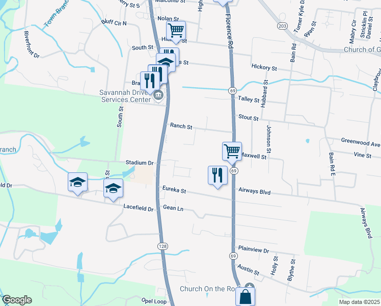 map of restaurants, bars, coffee shops, grocery stores, and more near 135 Kyle Place in Savannah
