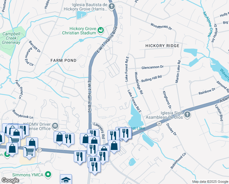 map of restaurants, bars, coffee shops, grocery stores, and more near 7201 Raj Court in Charlotte