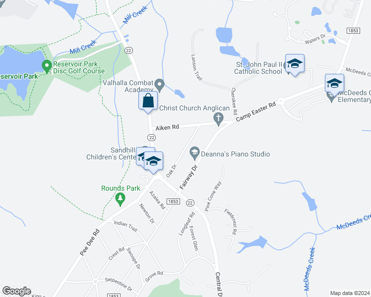map of restaurants, bars, coffee shops, grocery stores, and more near 150 Oak Drive in Southern Pines