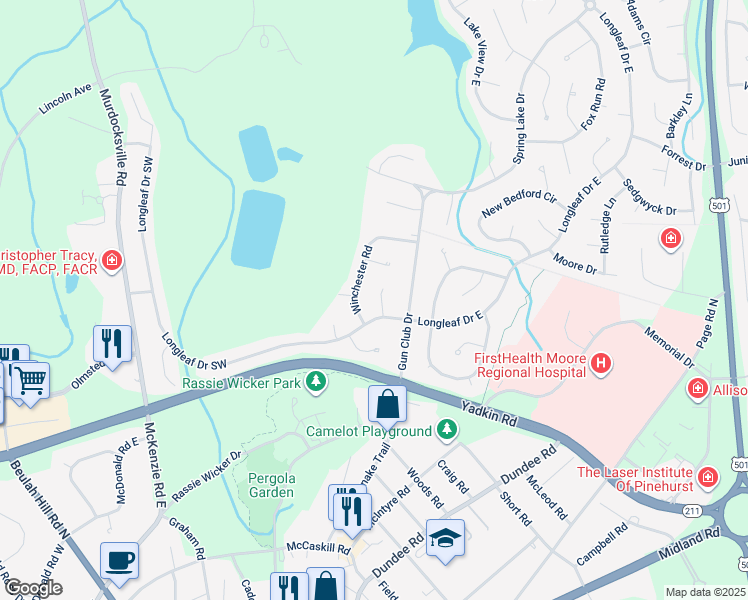 map of restaurants, bars, coffee shops, grocery stores, and more near 5 Lassiter Lane in Pinehurst