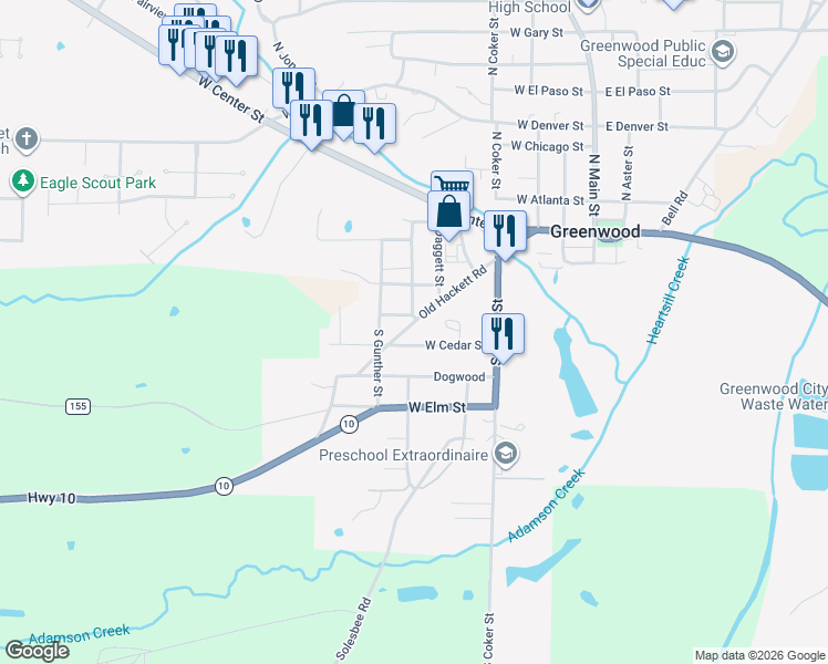 map of restaurants, bars, coffee shops, grocery stores, and more near 355 Old Hackett Road in Greenwood