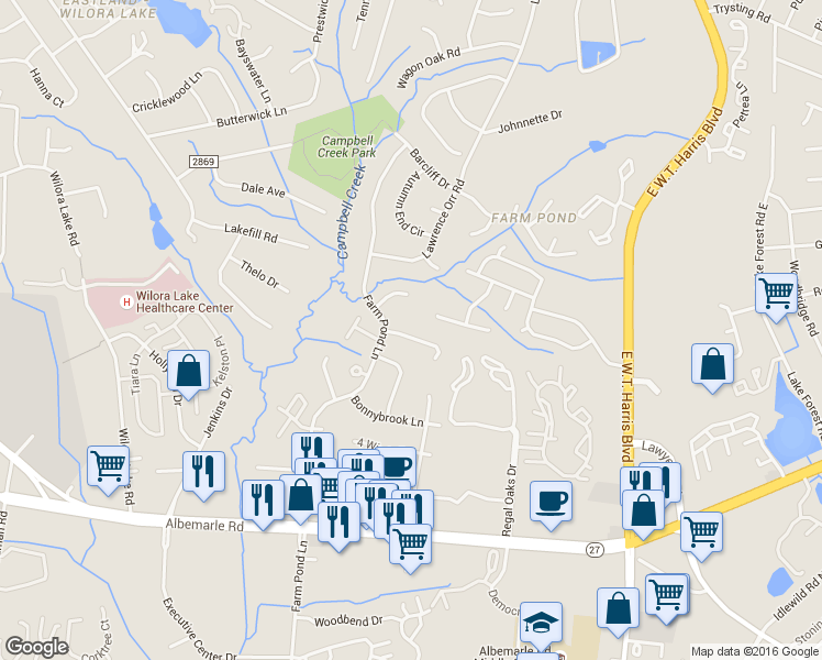 map of restaurants, bars, coffee shops, grocery stores, and more near 6215 Snowcrest Court in Charlotte
