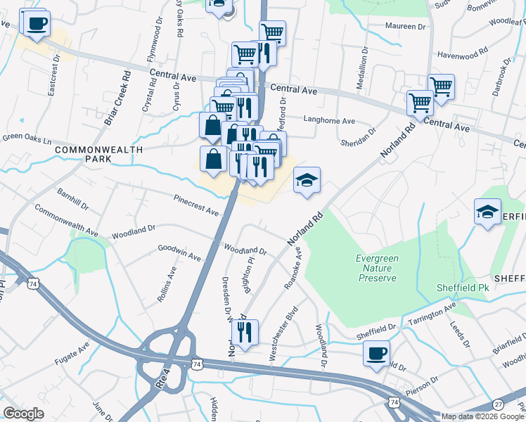 map of restaurants, bars, coffee shops, grocery stores, and more near 3401 Biscayne Drive in Charlotte