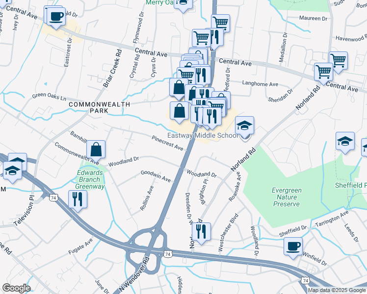 map of restaurants, bars, coffee shops, grocery stores, and more near 1539 Pinecrest Avenue in Charlotte