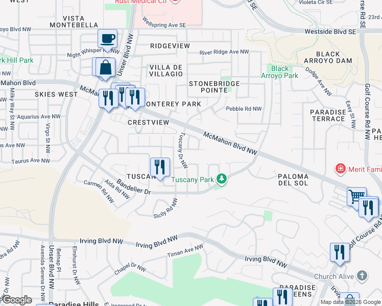 map of restaurants, bars, coffee shops, grocery stores, and more near 5328 Sole Grande Road Northwest in Albuquerque
