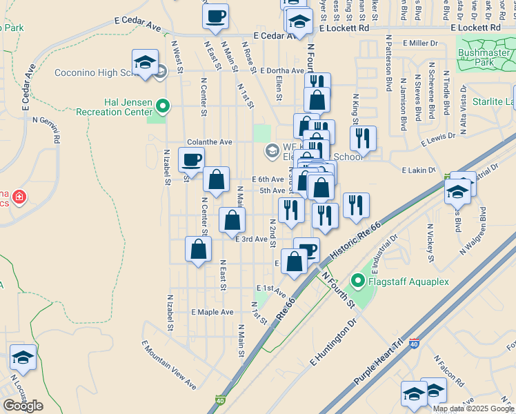 map of restaurants, bars, coffee shops, grocery stores, and more near 2116 North 1st Street in Flagstaff