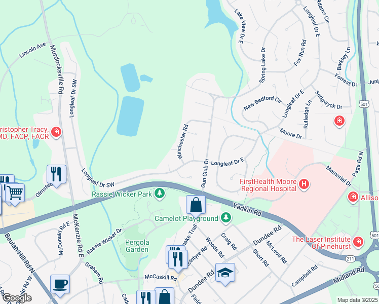 map of restaurants, bars, coffee shops, grocery stores, and more near 5 Lassiter Lane in Pinehurst