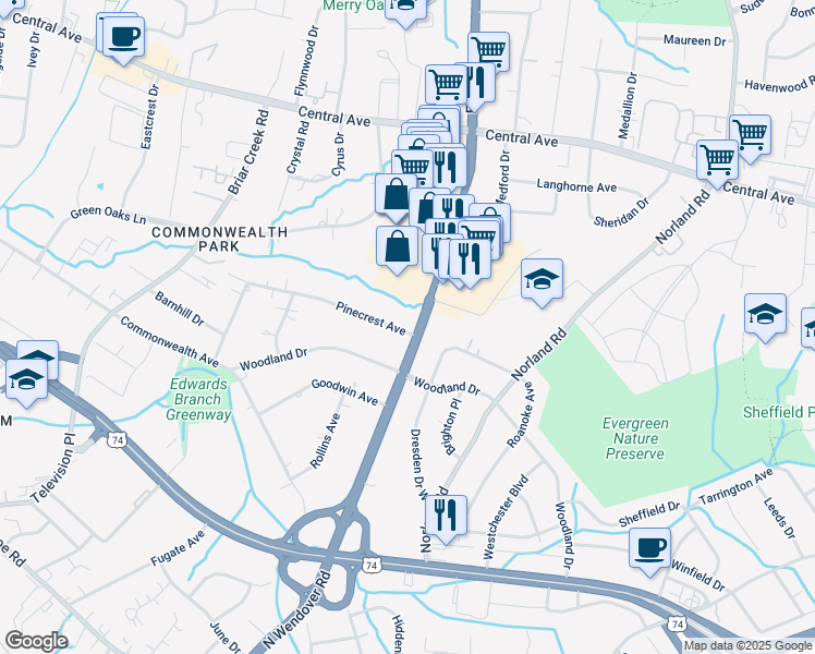 map of restaurants, bars, coffee shops, grocery stores, and more near 1539 Pinecrest Avenue in Charlotte