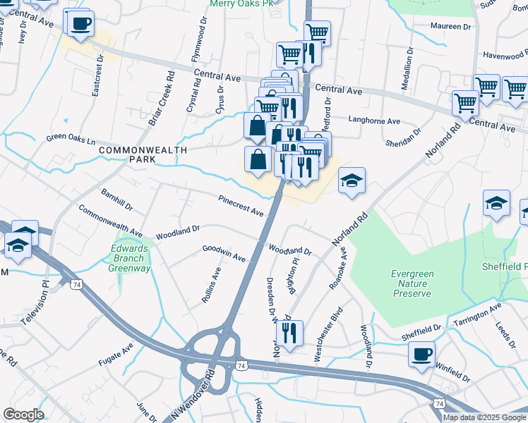 map of restaurants, bars, coffee shops, grocery stores, and more near 1539 Pinecrest Avenue in Charlotte