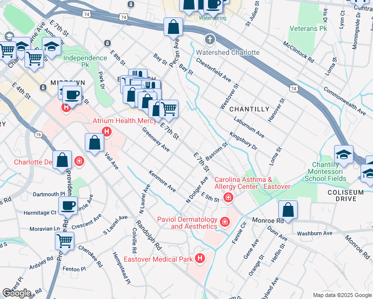 map of restaurants, bars, coffee shops, grocery stores, and more near 2300 East 7th Street in Charlotte