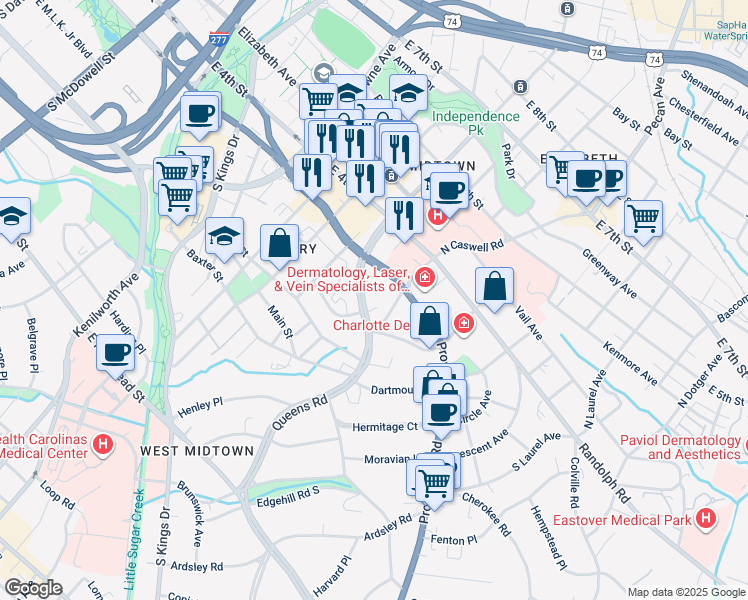map of restaurants, bars, coffee shops, grocery stores, and more near 259 Queens Road in Charlotte
