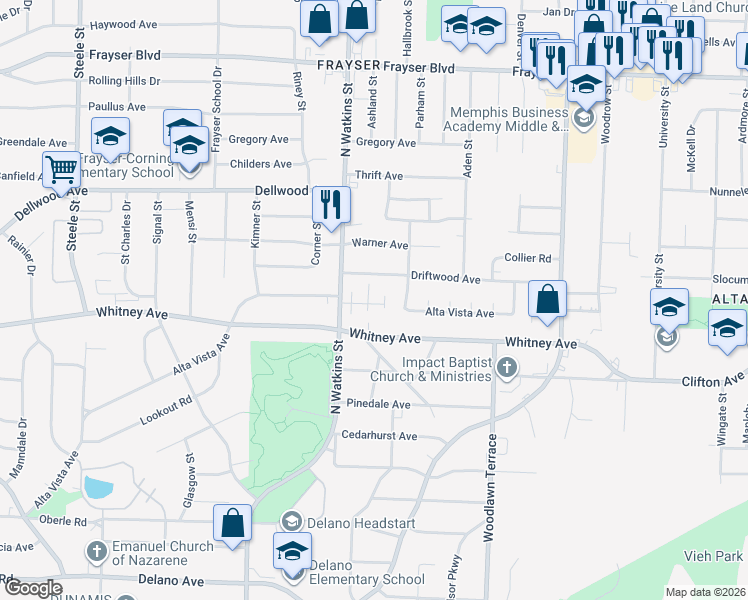 map of restaurants, bars, coffee shops, grocery stores, and more near 3068 Saint Cloud Place in Memphis