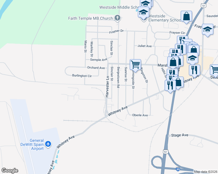 map of restaurants, bars, coffee shops, grocery stores, and more near 3076 Sinclair Street in Memphis