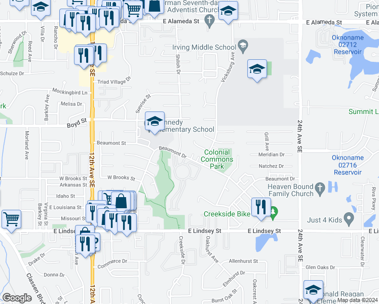 map of restaurants, bars, coffee shops, grocery stores, and more near 639 Sinclair Drive in Norman