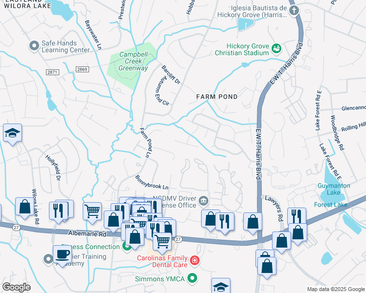 map of restaurants, bars, coffee shops, grocery stores, and more near 6246 Green Vista Court in Charlotte