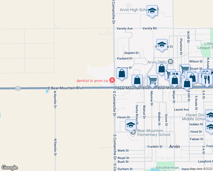 map of restaurants, bars, coffee shops, grocery stores, and more near 14358 Bear Mountain Boulevard in Arvin