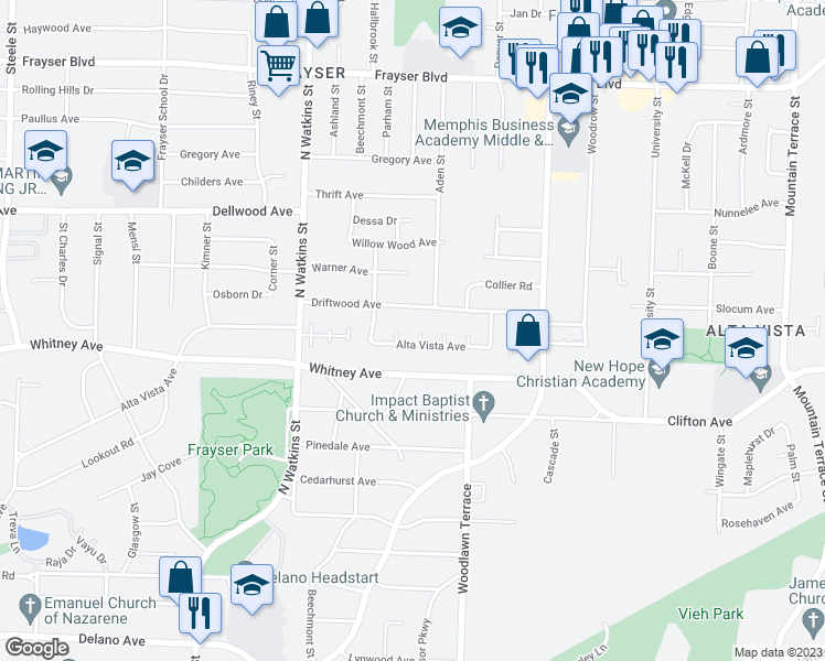 map of restaurants, bars, coffee shops, grocery stores, and more near 3063 Audrey Cove in Memphis