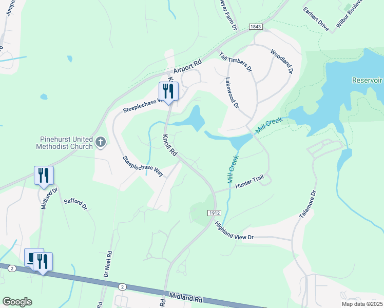 map of restaurants, bars, coffee shops, grocery stores, and more near 247 Knoll Road in Southern Pines