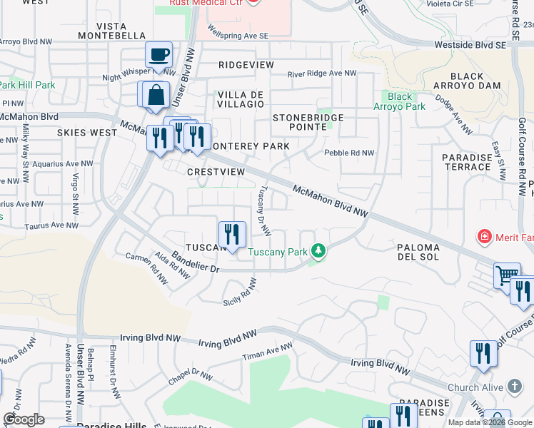 map of restaurants, bars, coffee shops, grocery stores, and more near 5328 Sole Grande Road Northwest in Albuquerque