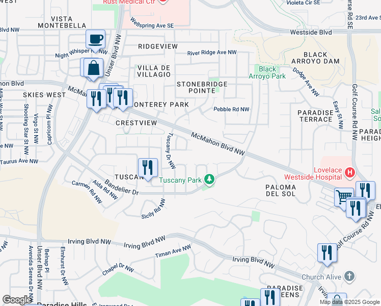 map of restaurants, bars, coffee shops, grocery stores, and more near 5204 Sole Grande Road Northwest in Albuquerque