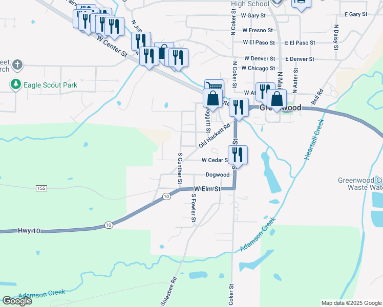 map of restaurants, bars, coffee shops, grocery stores, and more near Old Hackett Road in Greenwood