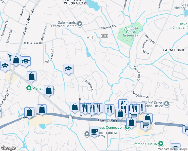 map of restaurants, bars, coffee shops, grocery stores, and more near 1227 Kelston Place in Charlotte