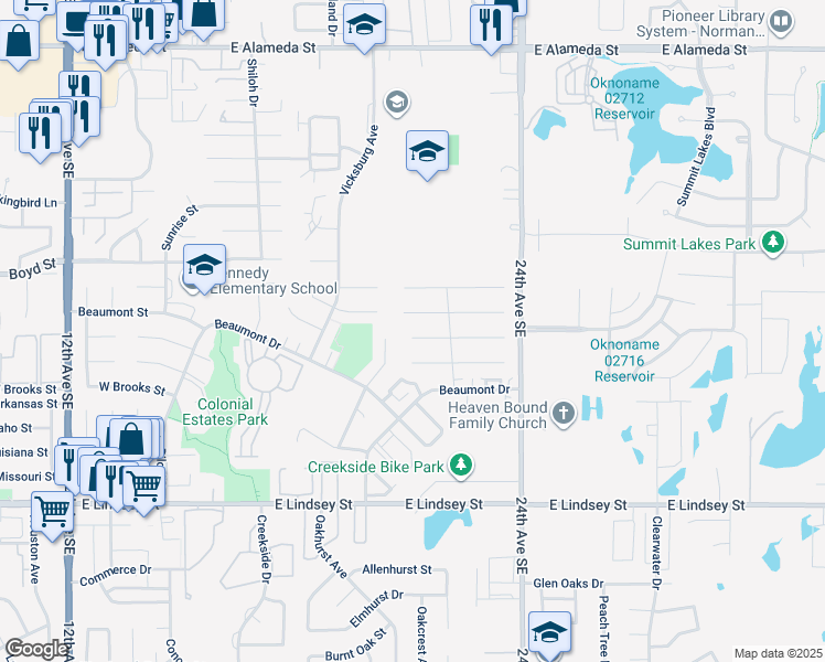 map of restaurants, bars, coffee shops, grocery stores, and more near 2116 Memphis Drive in Norman
