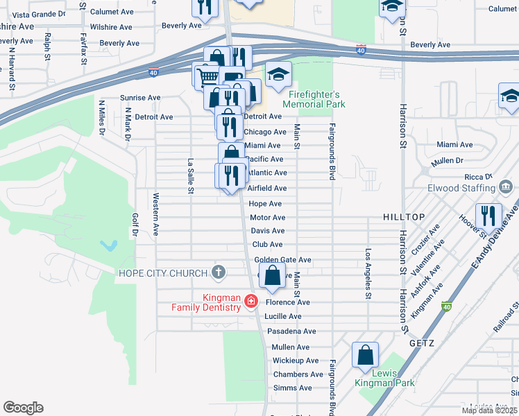 map of restaurants, bars, coffee shops, grocery stores, and more near 1922 Hope Avenue in Kingman