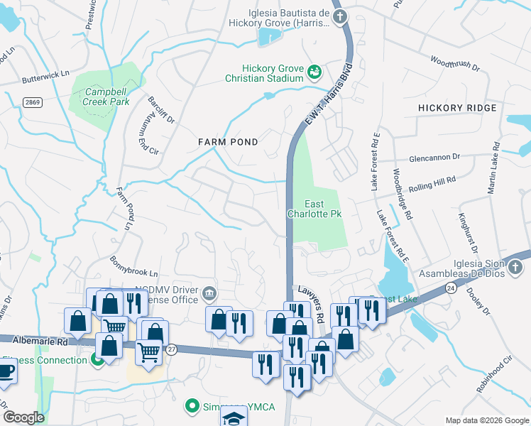 map of restaurants, bars, coffee shops, grocery stores, and more near 8224 East W.T. Harris Boulevard in Charlotte